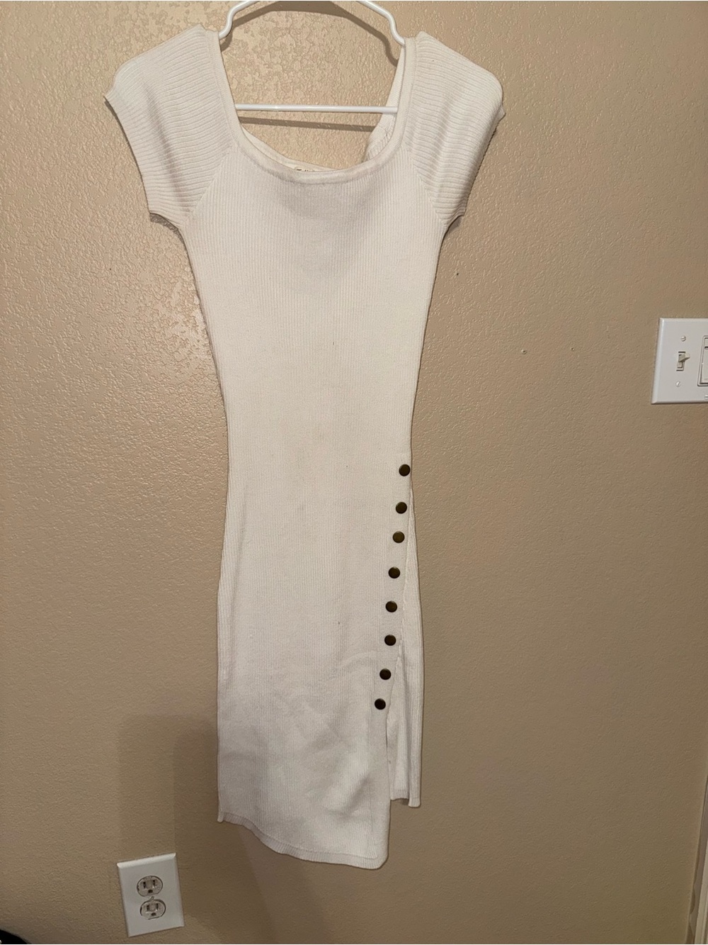 White Ribbed Knit Button-Accent Women’s Dress